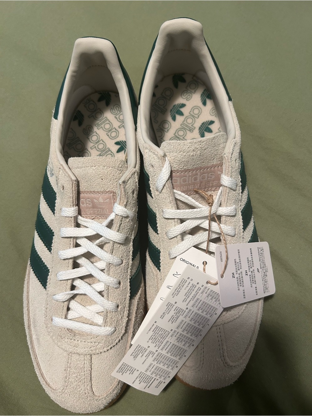 adidas Suede Sneakers in Off-White with Dark Green Stripes and Gum Sole - Picture 12 of 15
